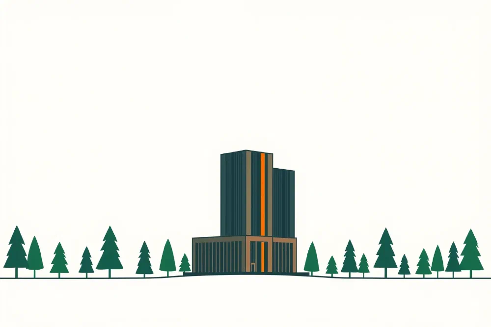 Flat vector illustration of a single data-center tower on a warm off-white background, in forest green, charcoal, and muted orange.